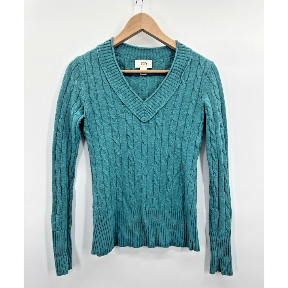 VTG Y2K Loft XS Sweater V-Neck Cable knit Pullover Fisherman Preppy Tenniscore